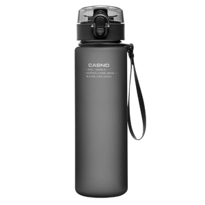 Frosted black plastic sports water bottle with a convenient carrying strap and secure lid