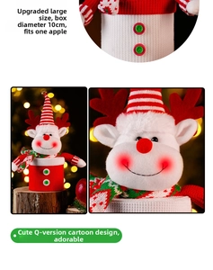 Detail view of 10cm reindeer Christmas candy box with knitted fabric and holiday hat