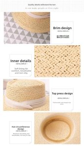 Detail of wide brim straw hat showing woven texture, inner lining and anti-slip sweatband