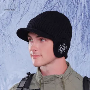 Winter thermal knit baseball cap for men with earflaps and snowflake embroidery