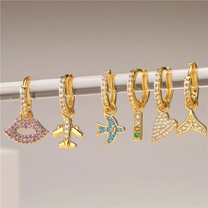 Drop Hoop Earrings Brass 18K Gold Plated Zircon Pendant Airplane Heart Lip Bird Fish Tail Charm Jewelry For Women
