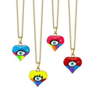 Vintage heart shaped evil eye necklaces with colorful enamel on gold plated chains