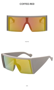 Front and side views of oversize coffee-red gradient sunglasses with wide temples