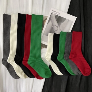 Women Ribbed Slouch Socks Cotton High Elastic Knee High Calf Length Solid Color Breathable JK Style Long Socks For Daily Wear