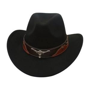 Detail of black felt cowboy hat featuring brown leather band and silver steer head ornament