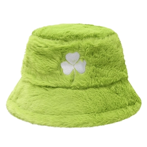 Winter plush bucket hat in fruit green with white clover embroidery for outdoor warmth