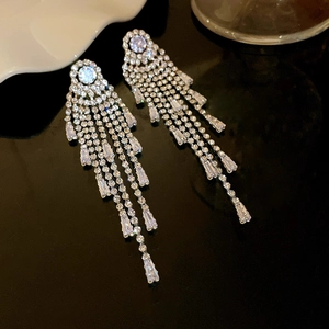 Close-up of sparkling zircon tassel earrings with silver finish and cascading drop details