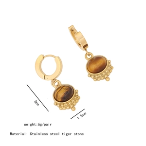 Detail shot of stainless steel earrings with tiger eye stone and size specifications