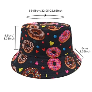 Wende-Anglerhut für Erwachsene mit bunten Donut-Mustern und Größenangaben im Bild