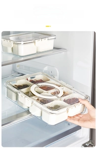 Food-grade divided fridge container showing the handle and secure locking lid in use