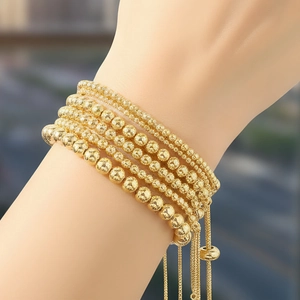 Multi-layer 18K gold plated copper bead bracelet with adjustable zircon drawstring