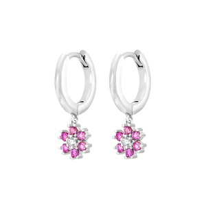 Detailed view of silver flower earrings with pink cubic zirconia petals and clear stones