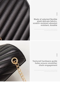 Detail of black quilted leather texture and gold metal chain strap on a crossbody bag