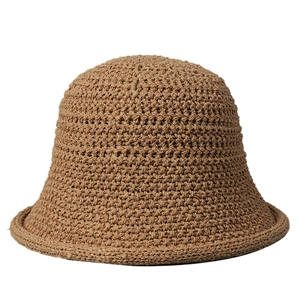 Elegant hand-woven hollow bucket hat in khaki, minimalist round top sun protection design