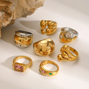 Collection of oversized stainless steel rings with colorful zircon and vintage designs