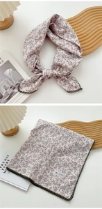Pink floral cotton linen square scarf featuring dark green crochet lace trim detail