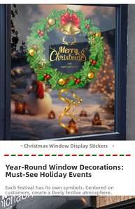 Detailed Christmas window sticker showing a festive green wreath with golden Merry Christmas text