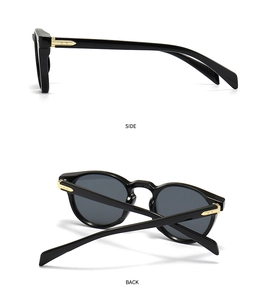 Detail view of round vintage sunglasses featuring side and back angles with gold arrow hardware