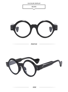 Front and side details of classic black round retro sunglasses with rice nail accents