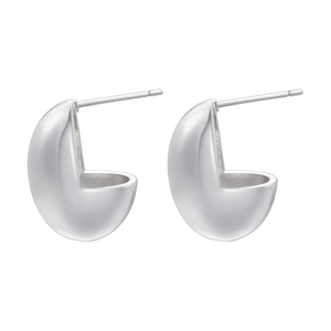 Polished silver C-shape metal hoop earrings with a thick minimalist design on white back