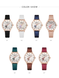 Collection de sept montres à quartz en cuir coloré pour femmes avec boîtiers or rose