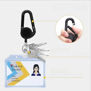 Retractable badge holder with carabiner clip, stainless steel ring and clear ID card sleeve
