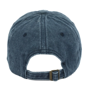 Rear view of vintage washed navy cotton baseball cap with adjustable metal buckle