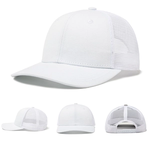 Detailed view of white mesh trucker cap showing breathable back and adjustable snapback closure
