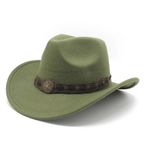 Detail of green cowboy hat featuring a brown braided band and a bronze star badge emblem