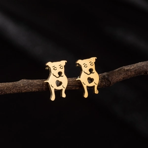 Close-up of golden hollow dog and heart shaped stainless steel stud earrings on a twig