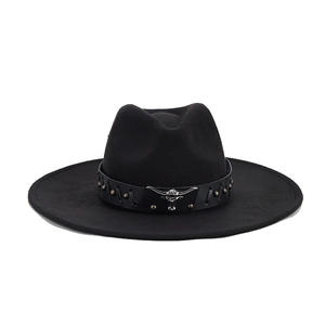 British style wide brim black felt fedora with a western cowboy bull head pendant