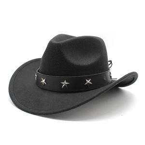 Classic black wool felt cowboy hat featuring leather band with silver star metal rivets