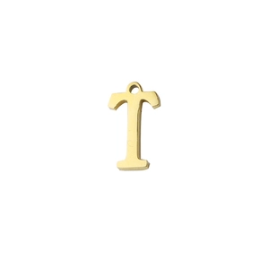 Detailed close-up of a polished gold stainless steel T-shaped letter charm for DIY necklaces