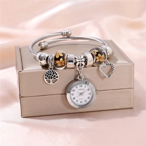 Women Fashion Beaded Bracelet Watch Alloy Stainless Steel Quartz Wristwatch With Heart Tree Of Life Charms Gift