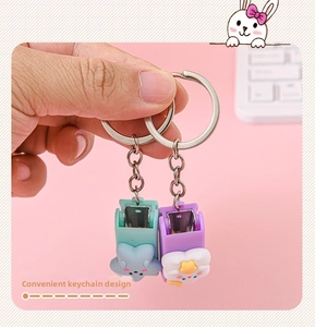 Close-up of portable cartoon mini stapler keychains in mint and purple cloud designs