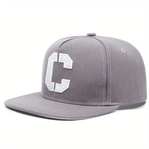 Gray flat brim hip hop hat with white embroidered C letter in cotton twill fabric