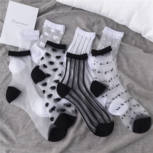 Detailed view of sheer mesh mid-calf socks with heart patterns and stripes in black and white