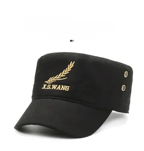 Detail of black cotton military cap featuring gold wheat embroidery and metal eyelets