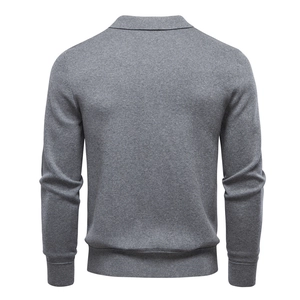 Detailed back view of a grey knitted cardigan featuring ribbed cuffs and hem on white background