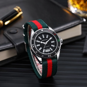 Business quartz watch with striped canvas strap and silver case on a desk setting