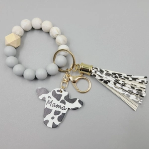 Silicone bead keychain bracelet with cow print tassel and Mama wooden bull head pendant