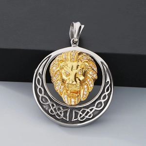 Hip hop lion head pendant with Celtic knots and rhinestones in gold and silver steel