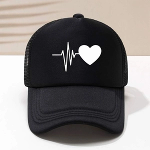 Detail of black trucker hat showing breathable mesh and heart rate printed graphic