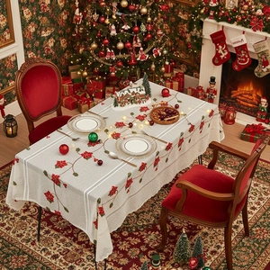 Christmas Tablecloth Polyester Lace Embroidery Poinsettia Bell Pattern Rectangular For Holiday Dining Room Decoration