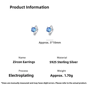 Detail showing S925 sterling silver earring specs with blue round zircon in four-claw setting