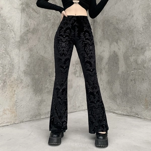 Women's gothic black velvet flared pants with baroque embossed floral pattern
