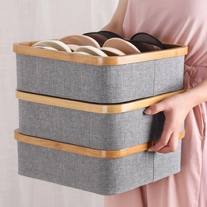 Stackable gray fabric organizers with bamboo frame for underwear storage