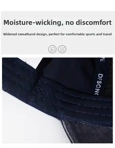 Close-up of a wide moisture-wicking sweatband inside a navy washed cotton baseball cap
