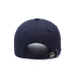 Back view of a navy blue cotton baseball cap with adjustable metal buckle and strap