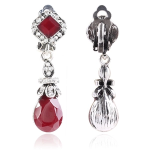 Retro Bohemian silver clip-on earrings with teardrop red gemstone pendants and crystals